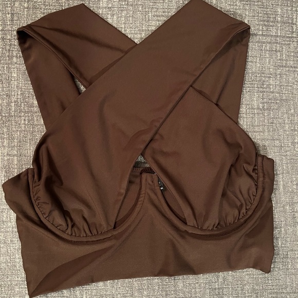 Brown Printed Cross Gather Crop Top